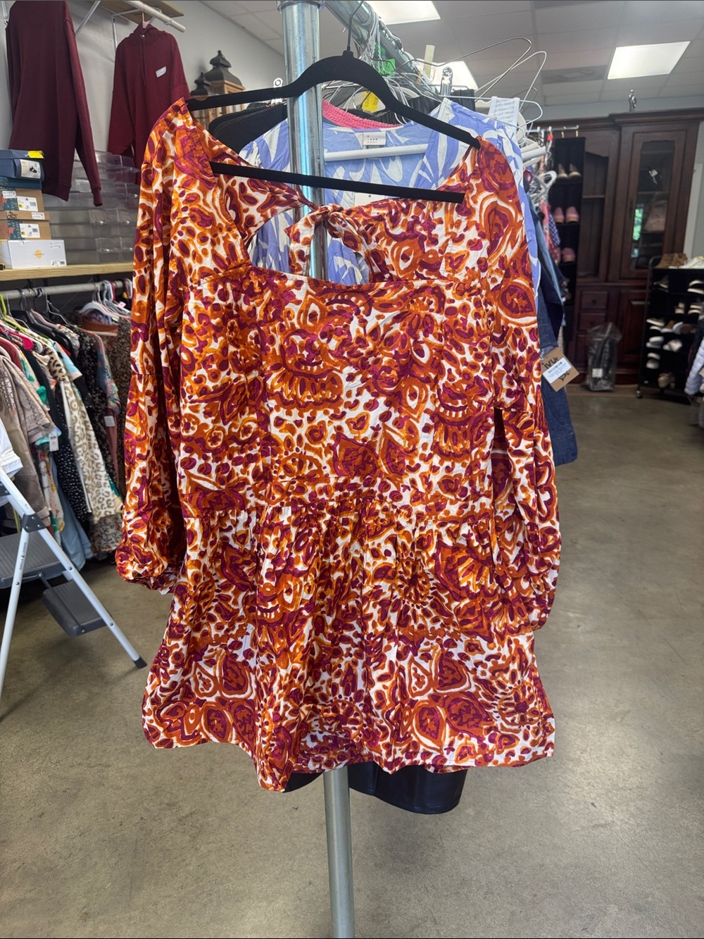 Boho Tie-Back Peasant Tunic in Rust Multi